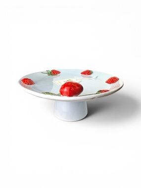 Ceramic Strawberry Cake Stand — White with Red Strawberry Accents